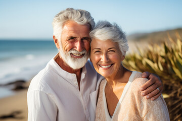 Happy elderly couple hugging on the ocean - obrazy, fototapety, plakaty