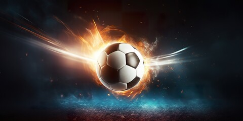 Illustration of a glowing soccer ball flying towards the goal with a trail of light, depicting a high-stakes penalty kick - obrazy, fototapety, plakaty