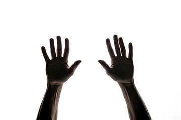 Dark silhouette hands behind glass on white background