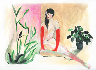 abstract woman with plants. watercolor painting. illustration - 693459987