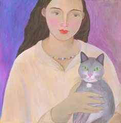 Fotobehang girl and cat. acrylic painting. illustration © Anna Ismagilova