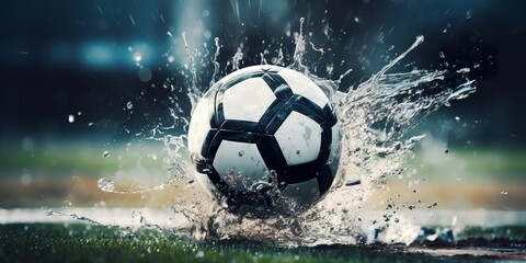 Image of a soccer ball making a splash in a puddle on the field, symbolizing a game under rainy conditions with dramatic effect
