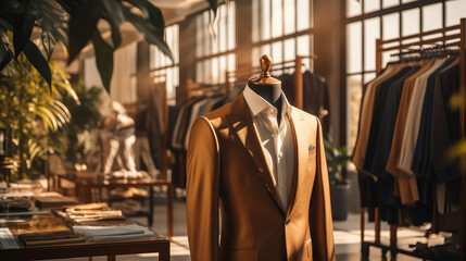 Clothing display with male brown luxurious suit, modern luxury man business clothing and suits store showroom, atelier for tailoring expensive jackets.