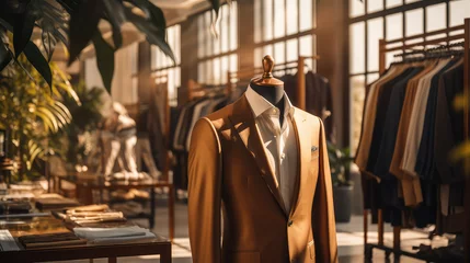 Foto op Plexiglas Clothing display with male brown luxurious suit, modern luxury man business clothing and suits store showroom, atelier for tailoring expensive jackets. © dinastya
