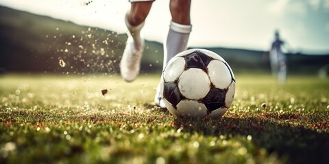 Photo of a soccer player's feet dribbling a ball on the field, focusing on the action and precision of the movement