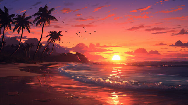 A beautiful sunsetting lake veiw with palm trees