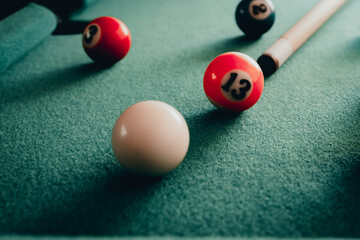 Sports game of billiards on a green cloth.Multi colored billiard balls in the form of a triangle...