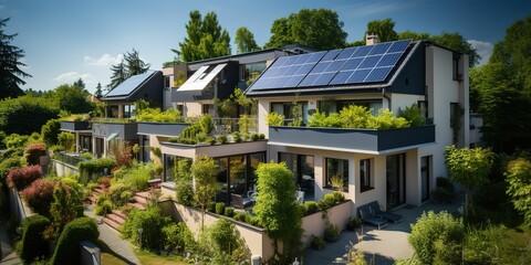Fototapeta na wymiar view of residential houses with photovoltaic solar panels, generative ai