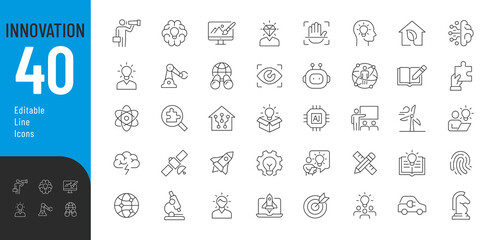 
Innovations Editable Icons Set. Vector illustration in thin line style of modern developments icons: smart home, robotics, artificial intelligence, scientific developments, and more. Isolated on whit