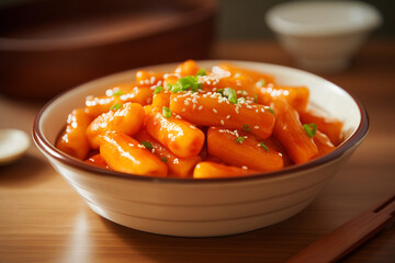 Tteokbokki in spicy sauce with white sesame spring onion on wooden table.