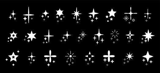 Set with glitter, stars and sequins. Doodle composition with white silhouettes glitter isolated on black background.