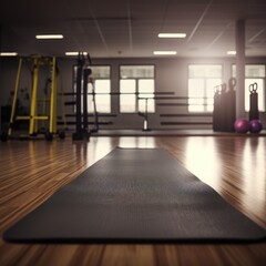 Gym floor, yoga mat, front view, with fitness equipment in the background. Generative AI