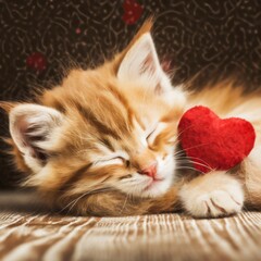 Cat or Kitten with a Heart - Valentine Concept or Romantic Greetings Card
