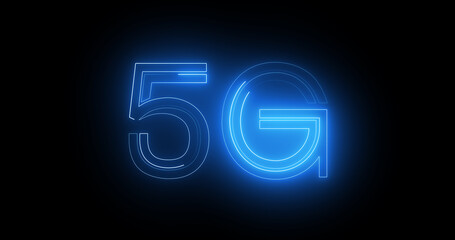 5G neon background text moving animation on black background, concept of global networking and digital future with wireless broadband connections. Binary bg for cloud computing, coding, programming. - obrazy, fototapety, plakaty