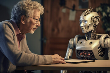 Lonely grandfather sitting with artificial intelligence robot