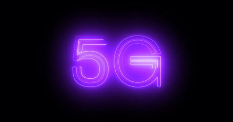 5G neon background text moving animation on black background, concept of global networking and digital future with wireless broadband connections. Binary bg for cloud computing, coding, programming.