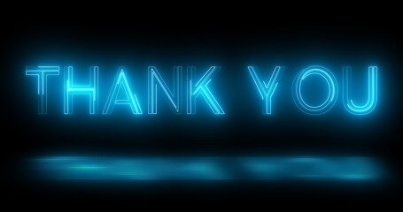 Neon retro style trendy Thank You text animation in a dark background for Thanksgiving. Glossy stylish thank you expressing gratitude message. Sign board advertisement asset. - obrazy, fototapety, plakaty
