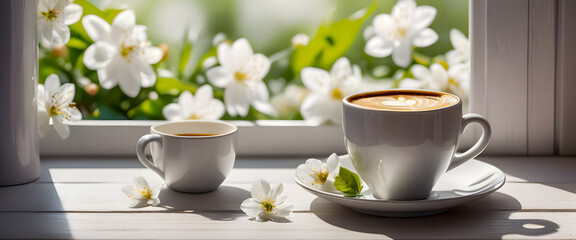 Two cups of coffee on a table by the window, spring scenery with white flowers. Generative Ai
 - obrazy, fototapety, plakaty