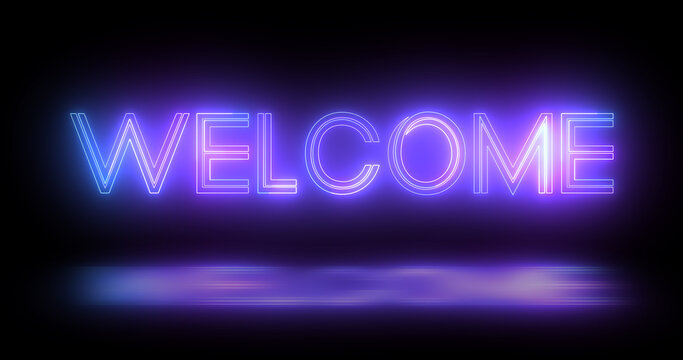 Welcome neon sign board retro style animation in black background. Welcome title greeting motion graphic invitation advertisement glowing trendy message. Welcome outline.