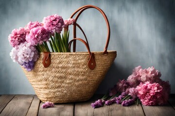 Fototapeta na wymiar Beautiful straw bag with seasonal flowers of hyacinth and carnation blossom