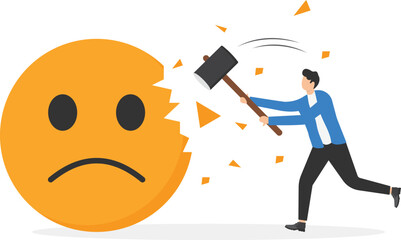 Businessmen use sledgehammers and attack emoji signs. Good review for product, rating to product. Flat vector illustration.

