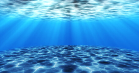 Naklejka na ściany i meble Realistic surreal underwater seabed moving water animation. Looping animation of water ocean waves moving underwater with camera zoom in effect. Sunbeam tranquility transparent sea water.