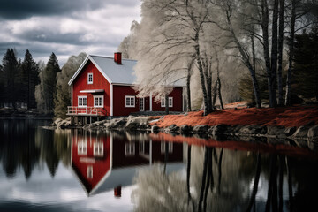 a red house reflects in a lake next to trees - obrazy, fototapety, plakaty