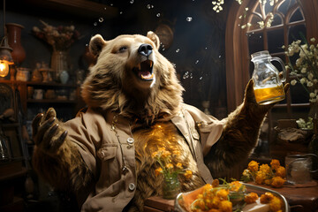 A large furry brown bear was sitting in a bar drinking a drink. Whether you consider it honey or beer is up to the viewer's imagination. Some people like to complain that it's like a bear eating honey