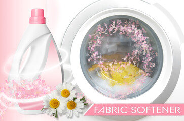 Fabric softener advertising design. Bottle of conditioner, daisy flowers and washing machine on pink background