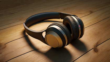 Future innovative gadget.Modern wireless headphones lie on the wooden surface. - obrazy, fototapety, plakaty