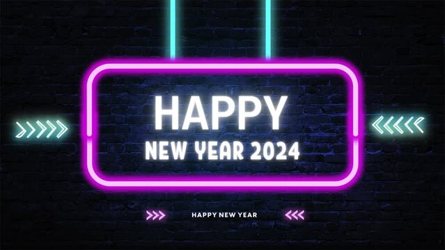 Happy new year 2024 pink and sky blue neon color and text animation with blue background