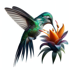 Obraz premium Hummingbird flying and feeding on a flower. Small colorful bird in flight.