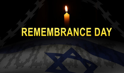 Remembrance Day, banner design. Burning candle, flag of Israel and barbed wire - obrazy, fototapety, plakaty