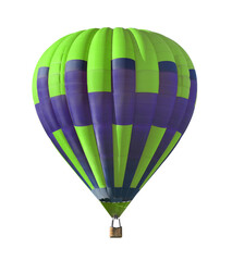 Bright hot-air balloon with wicker basket on white background