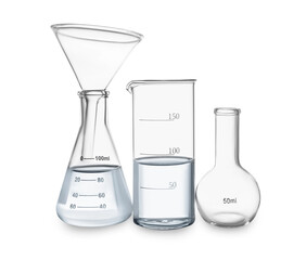 Different laboratory glassware with water isolated on white