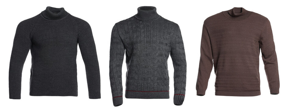 Different warm sweaters isolated on white, collection