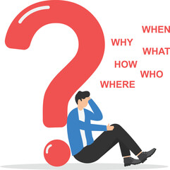 5w1h asking questions for solutions to solve problems, thinking process or business analysis to get new idea concept, calm businessman on large question mark thinking of who what where when why and ho