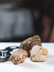 Expensive black truffles gourmet mushrooms on white table in restaurant interior. Row of brown truffles with slice on a white table with dark background. Truffle mushrooms is culinary delight. Close