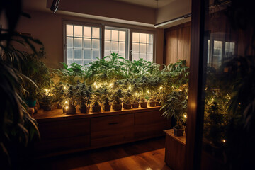 cannabis, marijuana plantation in living room - obrazy, fototapety, plakaty