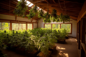 cannabis, marijuana plantation in living room