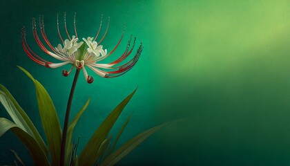 Fototapeta na wymiar White Spider Lily Wallpaper on a jade green background for banner and posters 