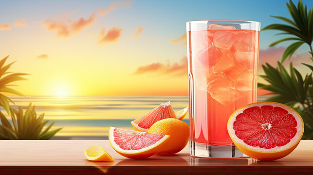 cocktail on the beach, orange citrus juice drink grapefruit on  sunrise background