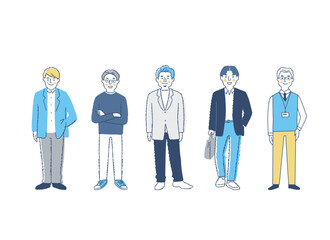 さまざまな男性5人　全身