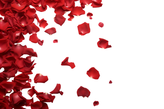 Red rose roses flower petals scattered flat lay composition top view on transparent background cutout, PNG file. Mockup template for artwork. Wallpaper banner border