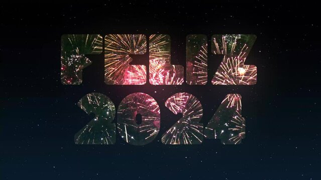 Fogos de artif&iacute;cio fundo c&eacute;u estrelado 4k flat design feliz ano novo 2024 alpha