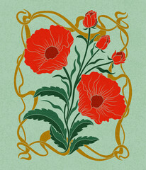 Floral poppy plant in art nouveau 1920-1930. Hand drawn poppy with weaves of lines, leaves and flowers.