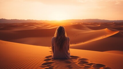 Fototapeta na wymiar Lonely woman looks at sand dunes in Sahara desert at sunrise