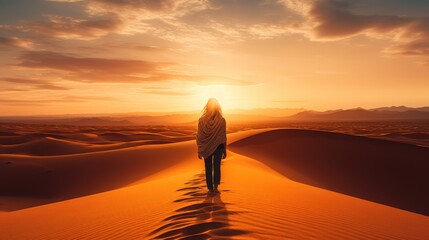 Lonely woman looks at sand dunes in Sahara desert at sunrise
