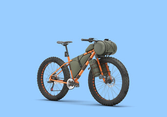 modern mountain tourist orang bicycle with accessories right view 3d render on blue