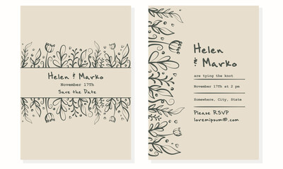 Fototapeta na wymiar Minimalistic trendy wedding invitation card design,black line drawing on beige paper.Stylish invitation vector.